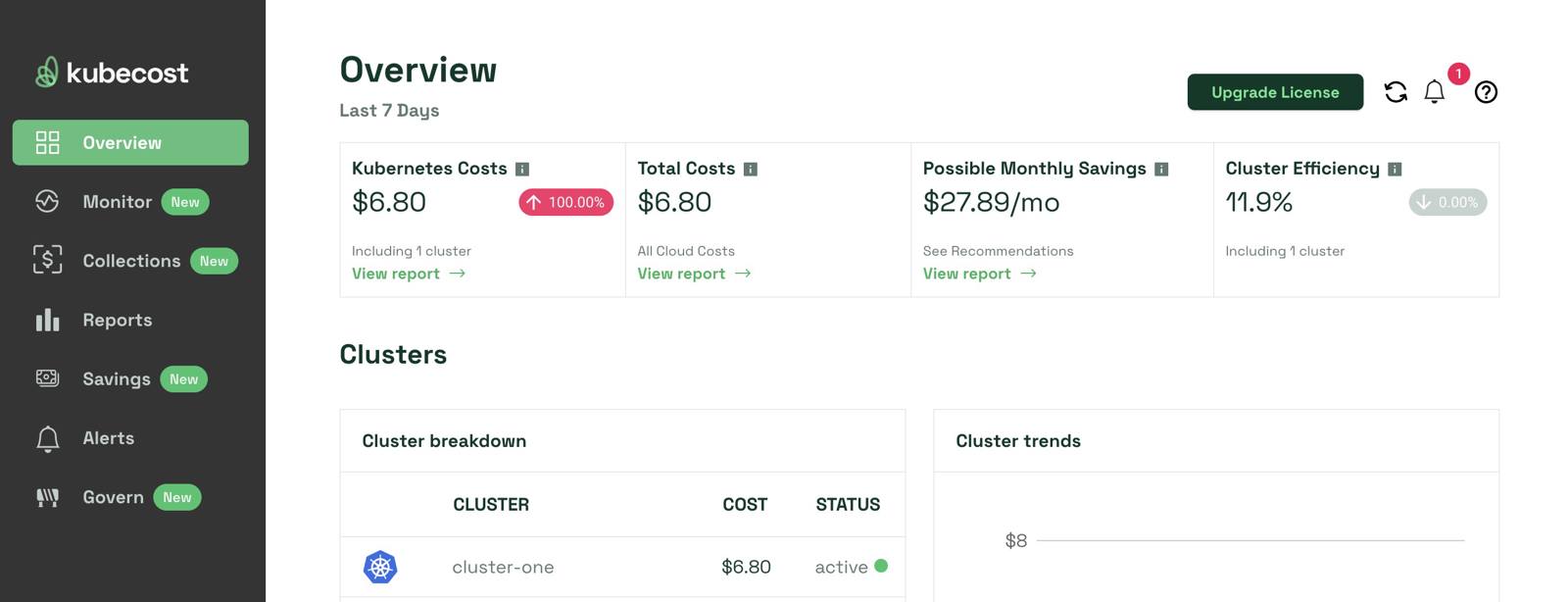 Image of initial Kubecost reporting