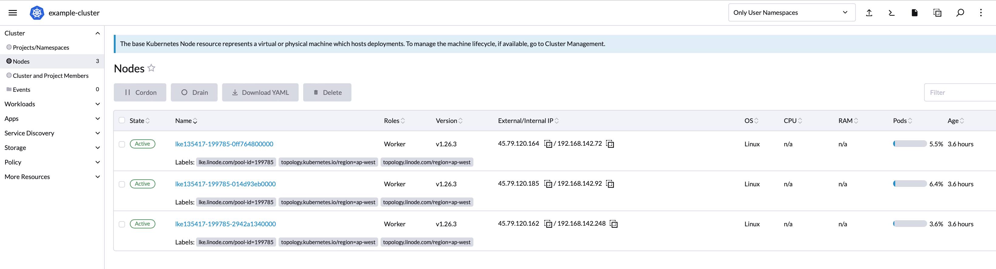 Rancher cluster nodes list - active