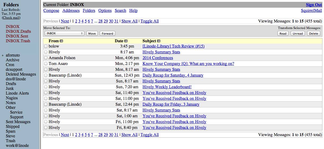 SquirrelMail Inbox view.