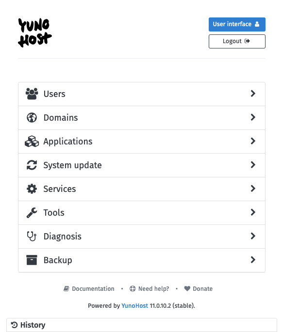 YunoHost administrator interface after login