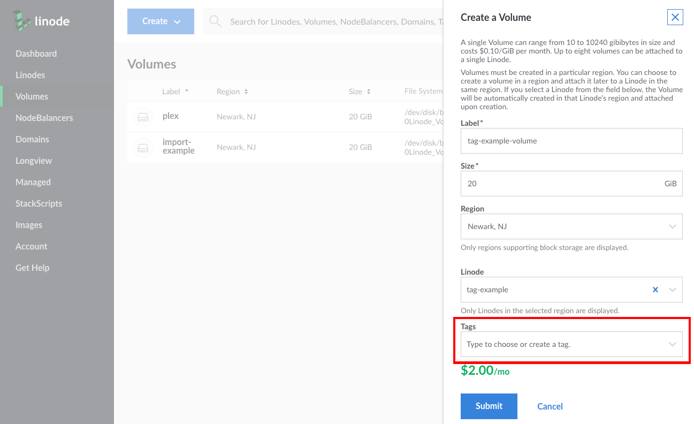 Tags field in the Volume creation form