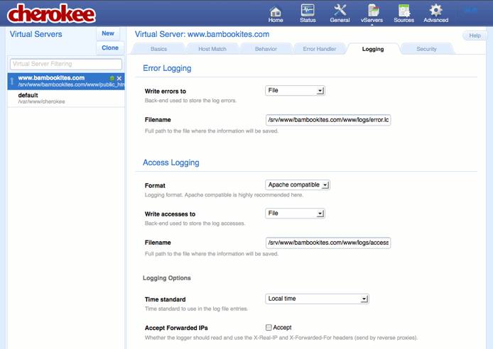 Specifying logging settings on the &ldquo;Logging&rdquo; tab of the vServers page of the Cherokee admin panel on Fedora 13.